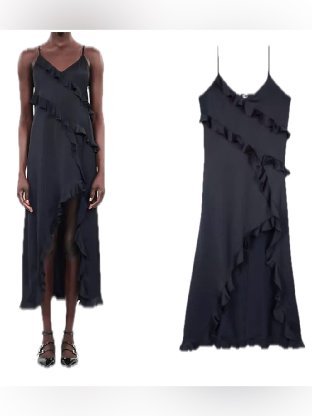 The Kooples Black Viscose Asymmetric Ruffle Spaghetti Strap Slip Dress NWT $360